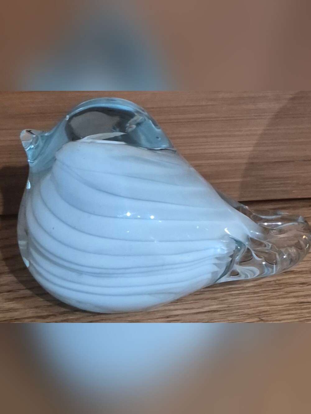 Handmade Finnish Art Glass Bird,  featuring a light blue swirl